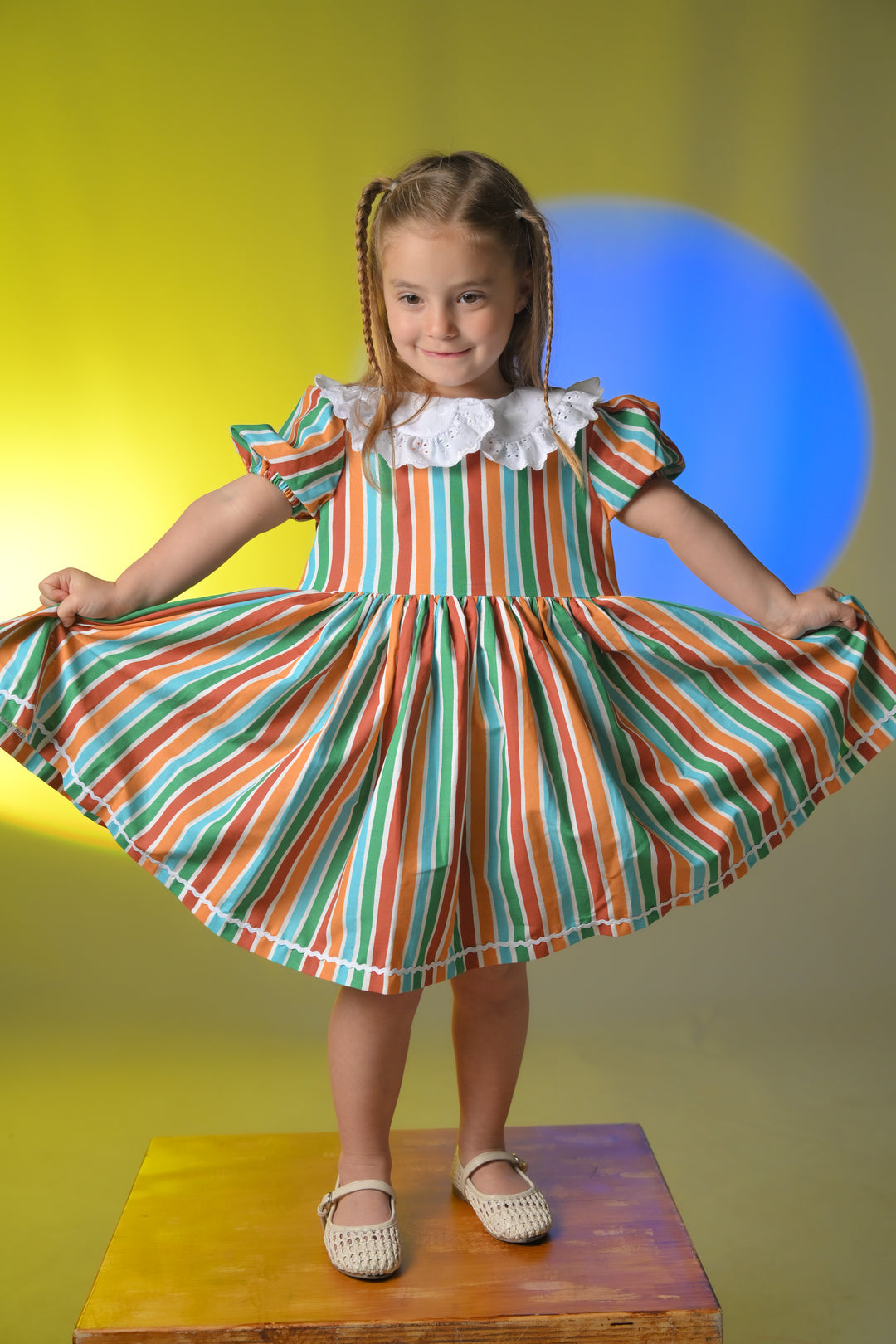 Striped and broderie anglaise dress